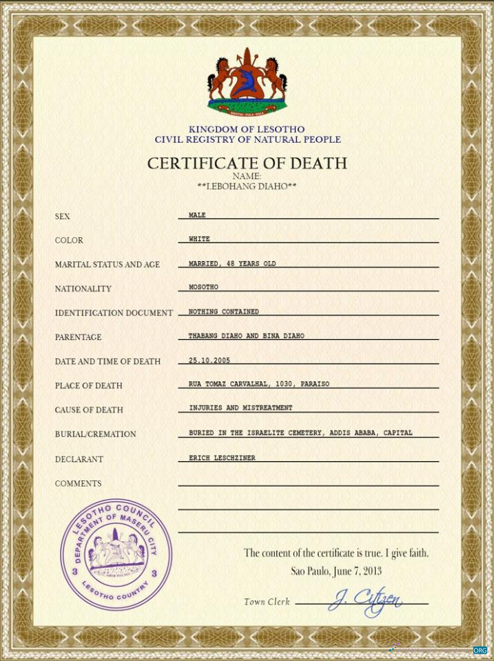 Download Lesotho vital record death certificate PSD template Photoshop template